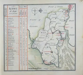 Kent, plåt 39r, från A Complete Set of Maps of England and Wales in General..., 1724 (penna & bläck och wc på papper)