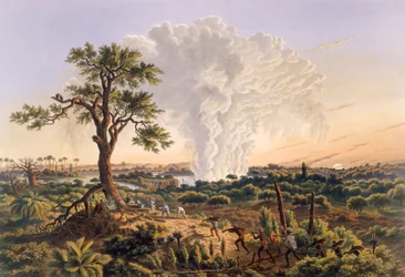 The Falls by Sunrise med sprutmolnet som stiger 1 200 fot, pub. 1865.