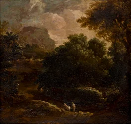 Skogbevuxet landskap med figurer, ca 1789-1847 (olja på panel)
