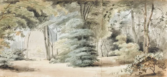 Del av trädgården vid Merton med en berså och träd (recto)