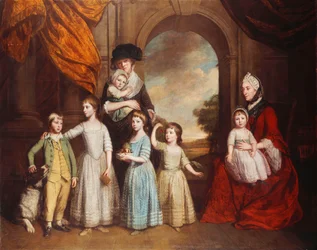 A Group Portrait of the Craven Children, fullängds, före en båge med ett landskap bortom, 1776