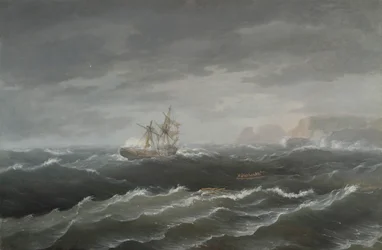 Skeppsbrott nära en stenig kust