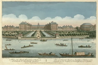 En vy av Royal Hospital i Chelsea och Rotundan i Ranelagh Gardens, pub. av Robert Sayer, 1751