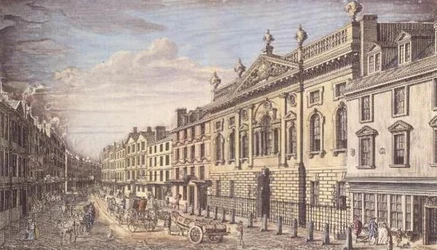 Ironmongers Hall och Fenchurch Street, gravyr, efter I. Donawell, c.1750