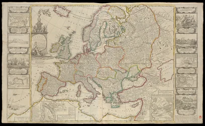 Ny Europakarta upprättad efter de noggrannaste observationerna som meddelats till Royal Society i London och Paris, ca 1720 (teknisk ritning)