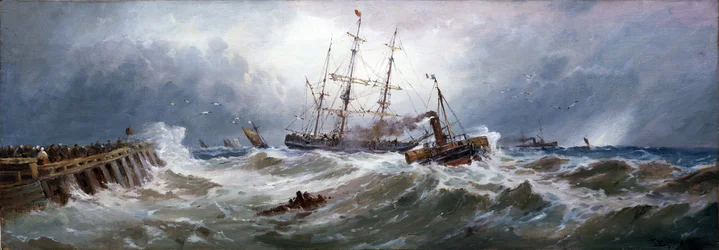En fransk bogserbåt drar en båt i hamnen i Boulogne (Frankrike), på svår sjö. Olja på duk