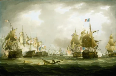 Slaget vid Trafalgar, 21 oktober 1805, början av striden, tidigt 1800-tal (olja på duk)