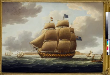 "Ville de Paris" för fulla segel, ett 110-kanonersfartyg av första klass i brittiska flottan, byggt 1795 på Chatham-varvet (England)