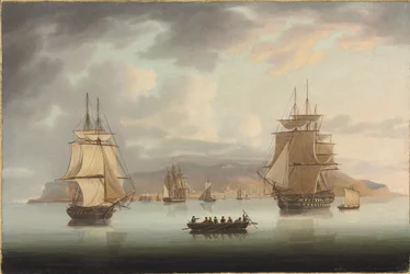 Funchal Roadstead, H.M.S. Blenheim med vinthund och harrier utåtgående, 1805