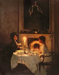 En ringare, levande ljus och te (olja på duk)