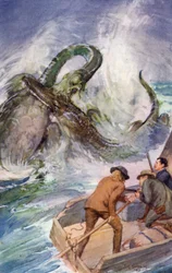 Illustration för A Journey to the Center of the Earth av Jules Verne (färg litho)