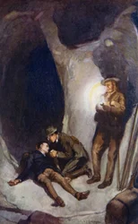 Illustration för A Journey to the Center of the Earth av Jules Verne (färg litho)