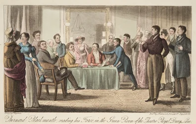 Bernard Blackmantle läser sin fars i Green Room på Covent Garden Theatre, från The English Spy, pub. 1824 (handfärgad gravyr)