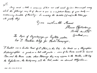 Del av ett brev från Thomas Chatterton till Horace Walpole, sent 1700-tal, 1840
