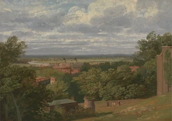 Greenwich Hospital från observatoriet med en avlägsen utsikt över London