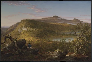 Utsikt över de två sjöarna och Mountain House, Catskill Mountains, morgon