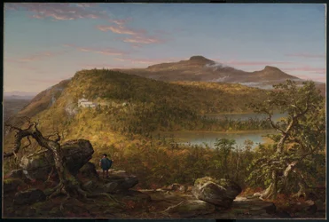 Utsikt över de två sjöarna och bergshuset, Catskill-bergen, morgon