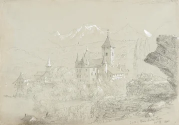 Castle of Spiez, 1841 (penna och gouache på grågrönt papper)