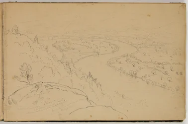 Panorama över Oxbow på Connecticut River sett från Mount Holyoke, ca 1832 (penna på papper)