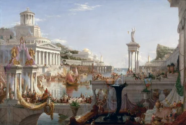 Imperiets gång: Fulländning - Romerska rikets apoteos. I bakgrunden syns ön Atlantis i all sin prakt. Målning av Thomas Cole