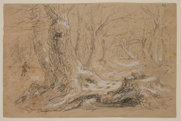 Träd på vintern med man som står på Frozen Creek (penna och gouache på papper)
