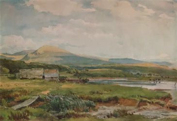 Flodscen med stugor, c1887