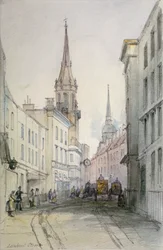 Utsikt längs Lombard Street, österut, med figurer och vagnar, City of London, 1851