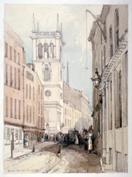 Vy över All Hallows Church, byggnader och figurer på Bread Street, City of London, 1851