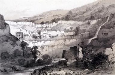 Utsikt över grottorna, Ajunta, Indien, 1844