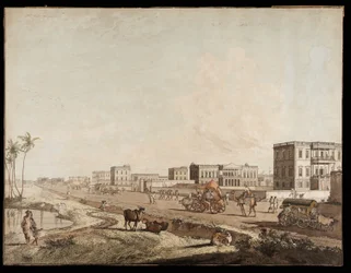 De nya byggnaderna i Chouringhee från Views of Calcutta, 1787