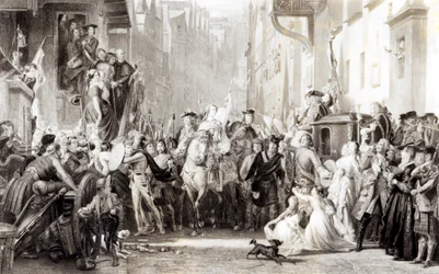 Prins Charles Edward (1720-88) och högländarna på väg in i Edinburgh efter slaget vid Preston, 21 september 1745 (se 105438)