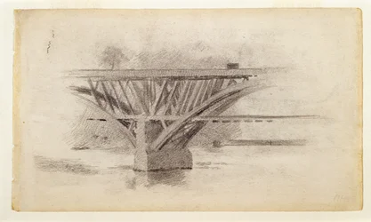 Teckning av Girard Avenue Bridge, på baksidan skiss av en åra