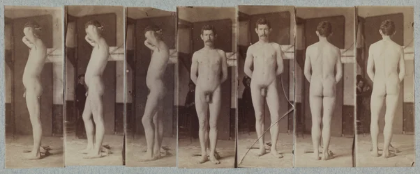 Fotografier av en stående manlig nakenmodell Joseph Smith, ca. 1883.