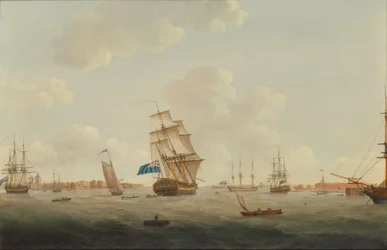 Ett panorama över Portsmouths hamn med krigsmän och annan sjöfart