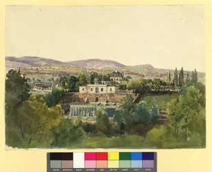 Utsikt från Döbling över Kahlengebirge och friherre Johann von Langs villa (Nußwaldgasse 19 respektive 22)