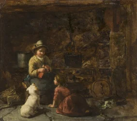 Stugainteriör med två barn, ca 1850 (olja på kartong)