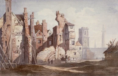 Rivning av gamla hus nära Walbrook för att ge plats åt King William Street, City of London, 1834.