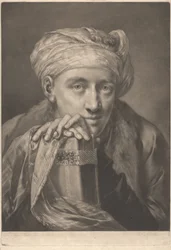 Porträtt av en man med turban, lutad mot en bok