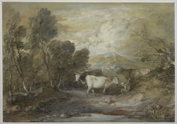 En boskapsskötare med tre kor vid en damm på höglandet, mitten av 1780-talet (akvarell, tusch  oljefärg förstärkt med vit krita)