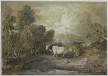 En herde med tre kor vid en upplandsbassäng, mitten av 1780-talet.