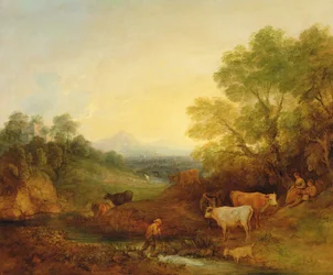 Ett landskap med boskap och figurer vid en bäck och en avlägsen bro, ca 1772-4 (olja på duk)