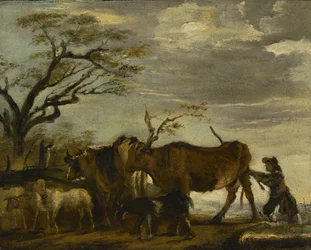 En bonde som driver nötkreatur, får och getter i ett landskap, c.1785