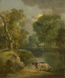 Ett flodlandskap med två kor och en figur på en bro, 1700-talet
