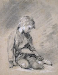 Tiggarpojke, ca 1780 (svart krita och stubbe, förhöjd med vitt, på blekt gult papper)