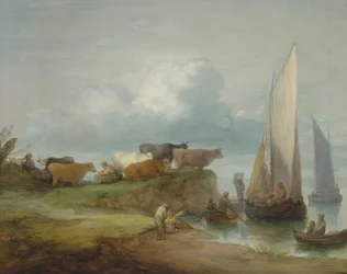 Boskap på en flodstrand med segelbåtar, 1780-84