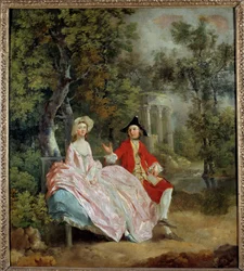 Samtal i en park: Thomas Gainsborough och hans fru Margaret Målning av Thomas Gainsborough (1727-1788) 1746 Sön. 0,73 x 0,68 m - Samtal i en park: Thomas Gainsborough och hans brud, Margaret. Målning av Thomas Gainsborough (1727-1788)