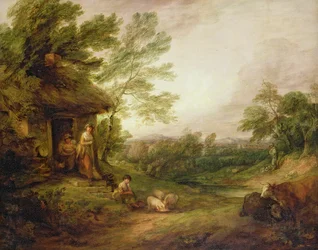 Stugdörr med flicka och grisar, ca 1786