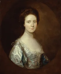 Elizabeth Parry iklädd en vit klänning och blå skurna ärmar (olja på duk)