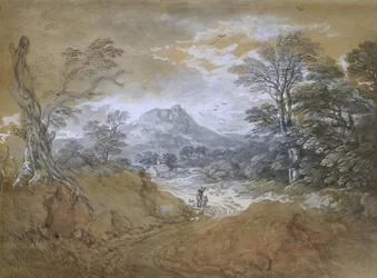 Landskap med en väg vid kanten av en skog, 1760-65 (akvarell och kroppsfärg över svaga markeringar i grafit på brunt papper)