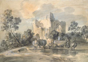 Landskap med ett slottsruin och boskap vid en pool, c1770-talet